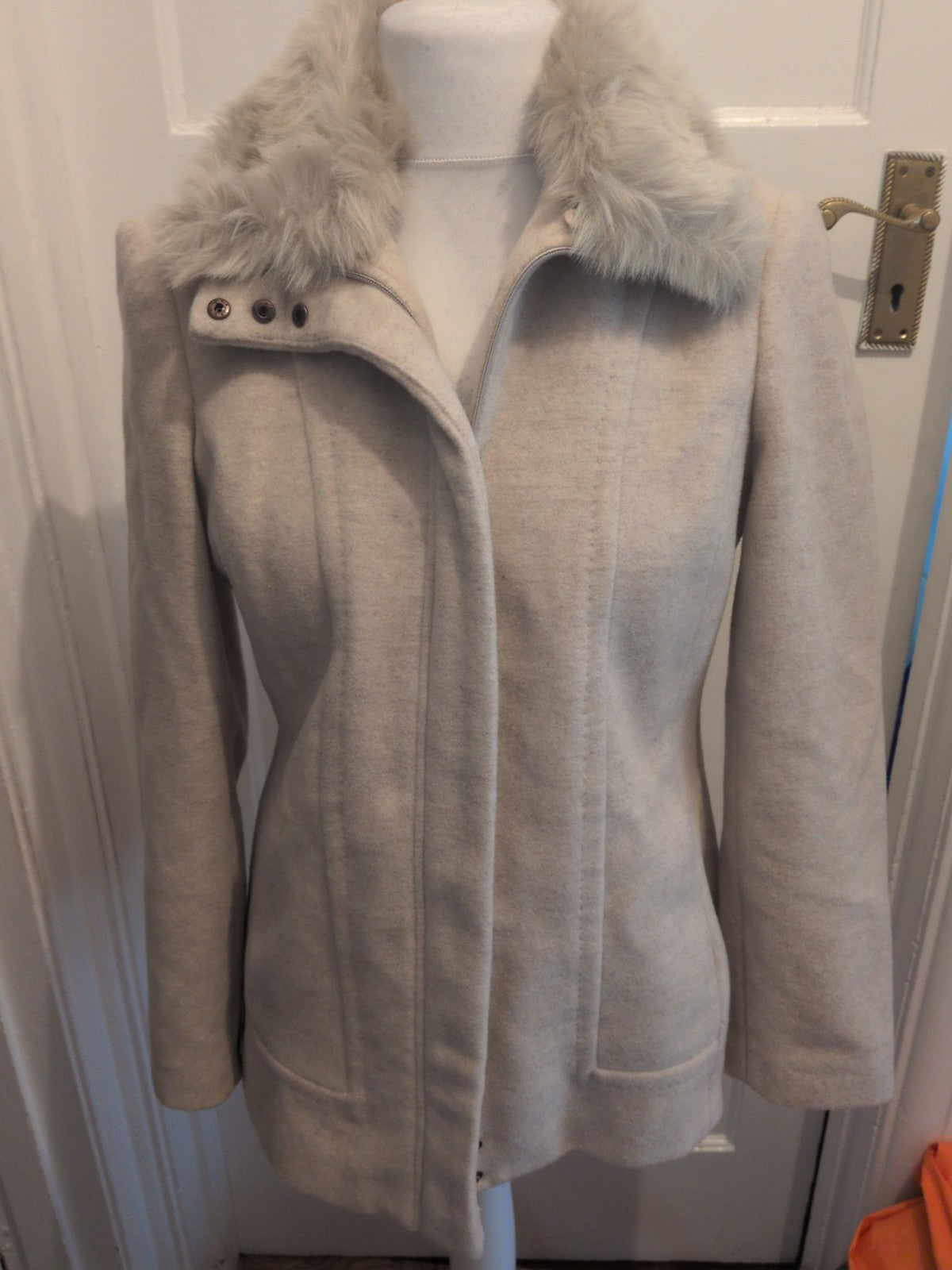 12 Beige Wool Faux Fur Collar Jacket Lined