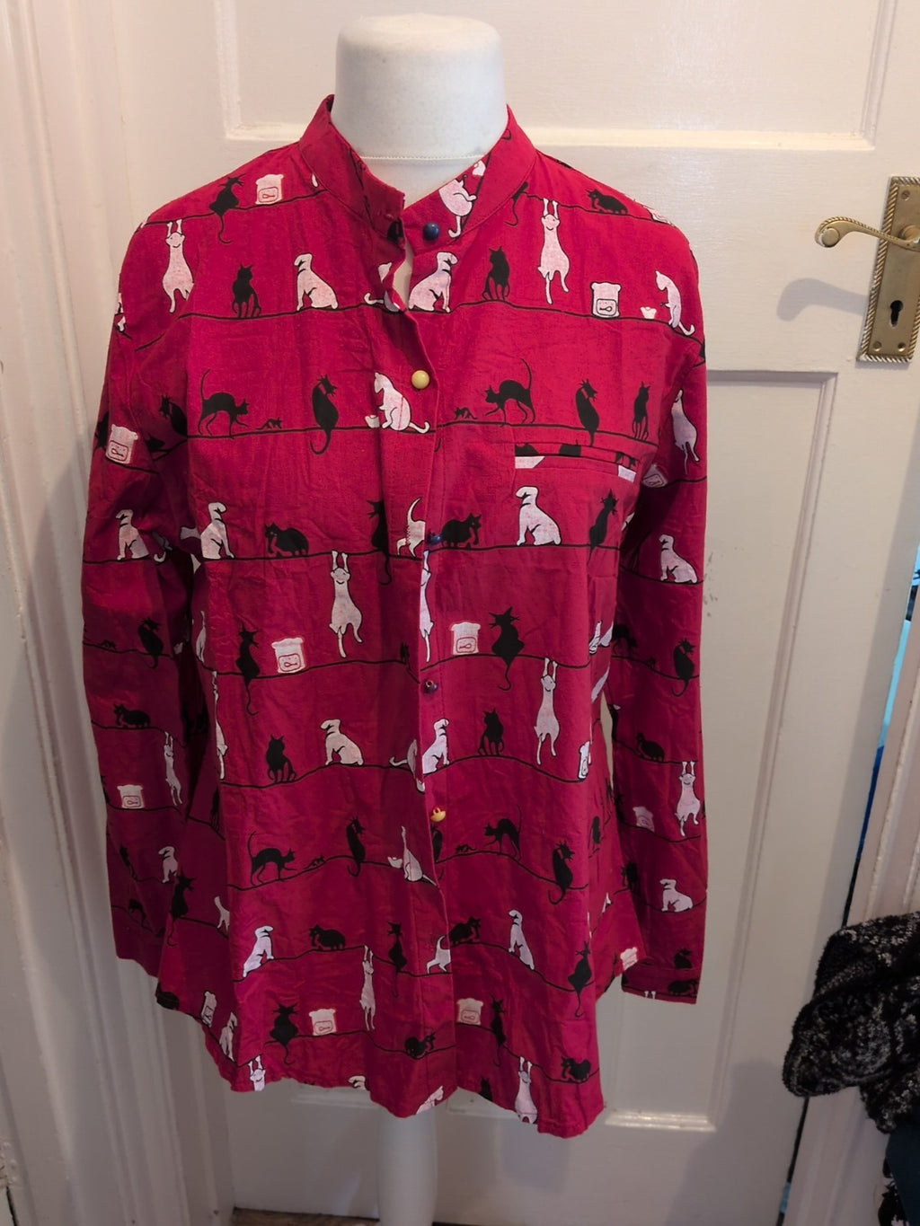2XL Red Cat Pattern Long Sleeve Buttoned Pyjama Shirt