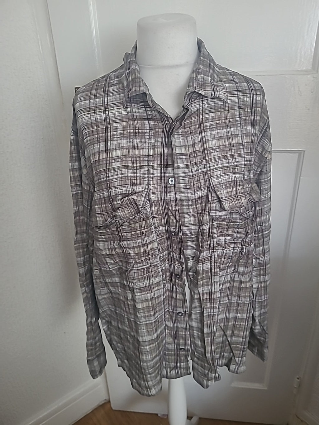 Mens Zara Size Large Browny Grey Check Long Sleeved Shirt