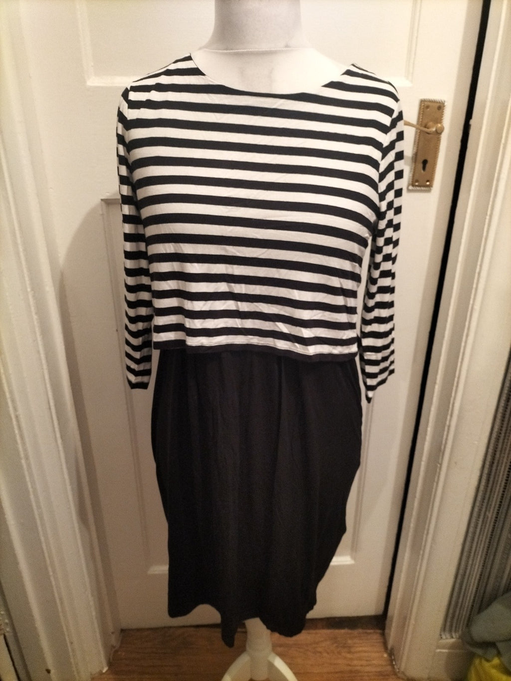 Ladies M&S Collection Size 14 Black And White Striped Long Sleeved Dress