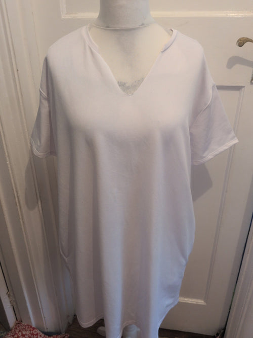 2XL T-shirt Dress Short Sleeve Knee Length V Neck White