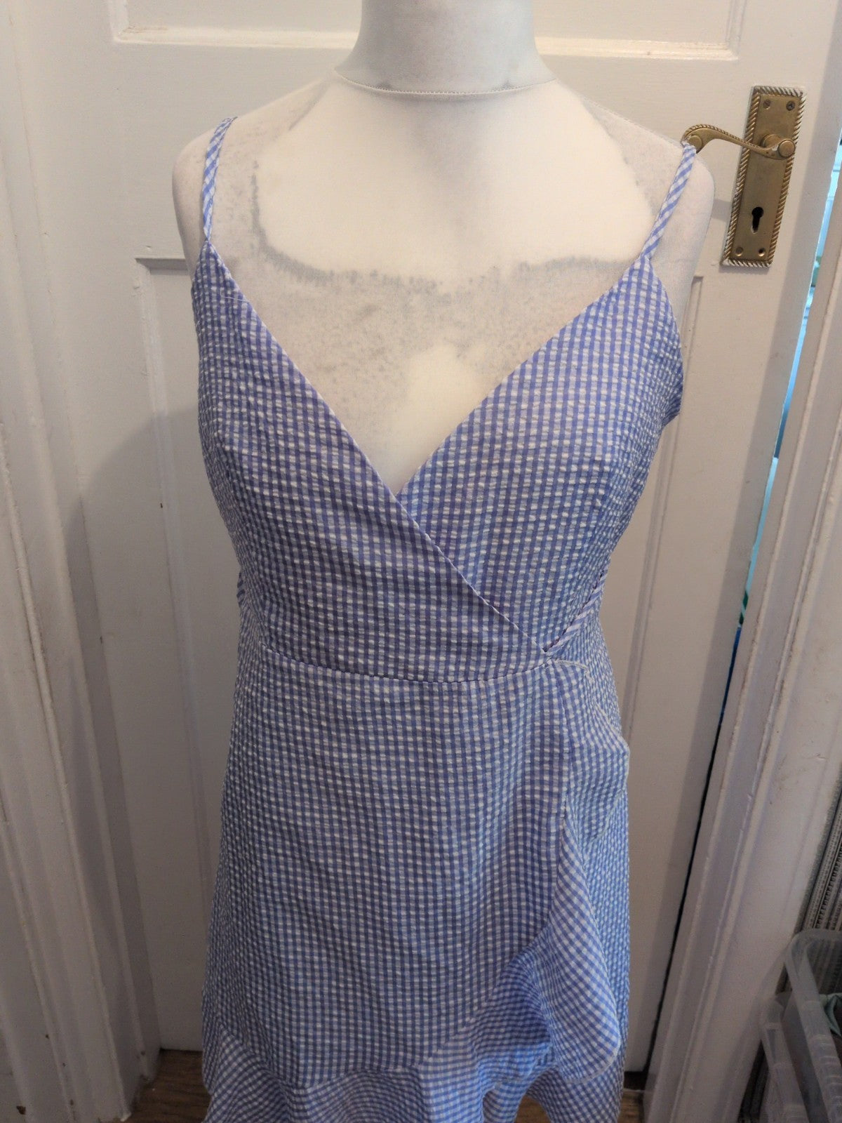 Large Blue Check Sleeveless Knee Length Dress Self Tie