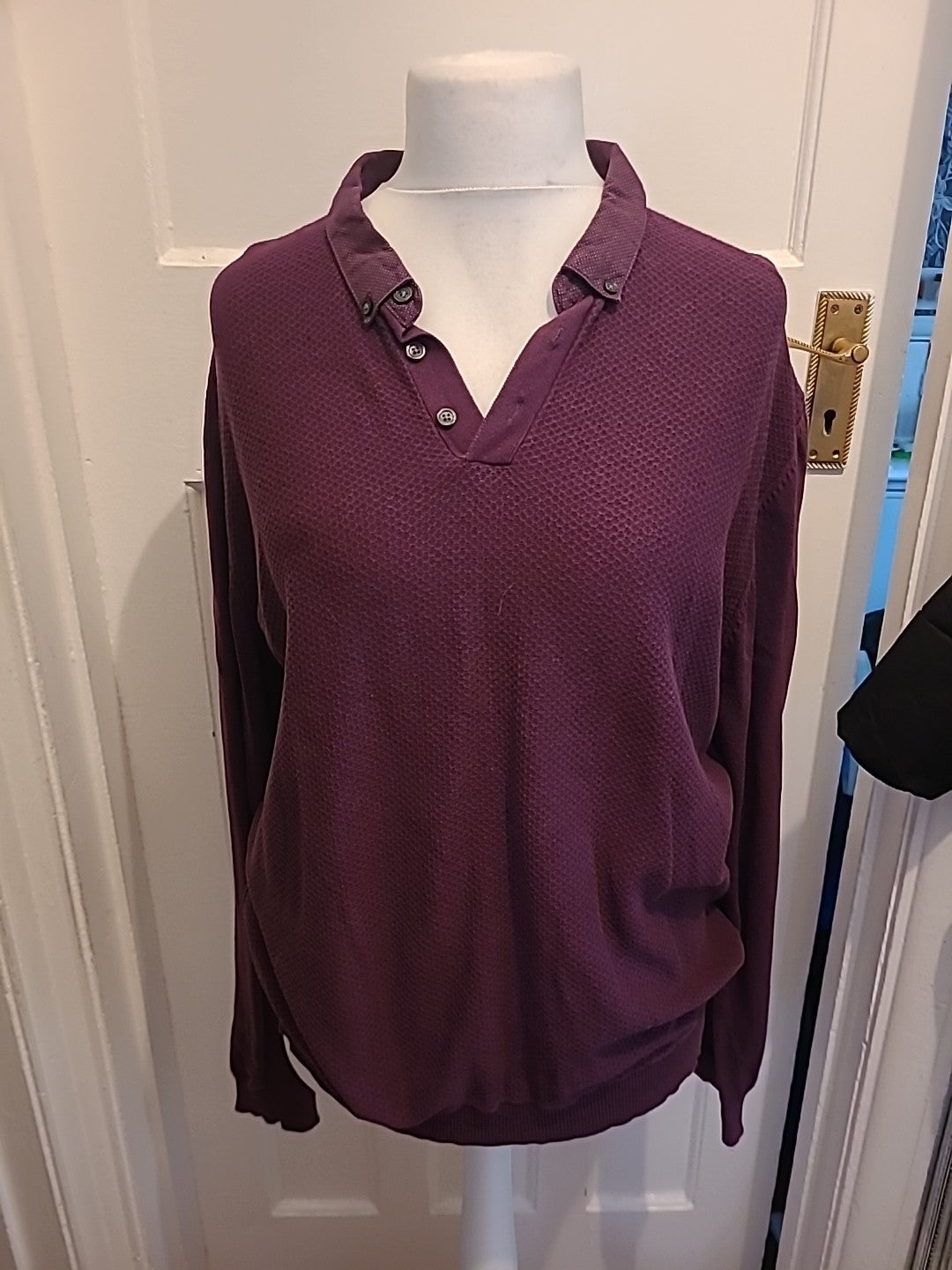 Mens Marks And Spencer Size XL Pure Cotton Purple Textured Long Sleeved Polo