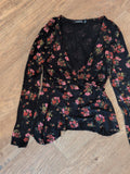 Boohoo 6 Black Floral Long Sleeve V Neck Blouse