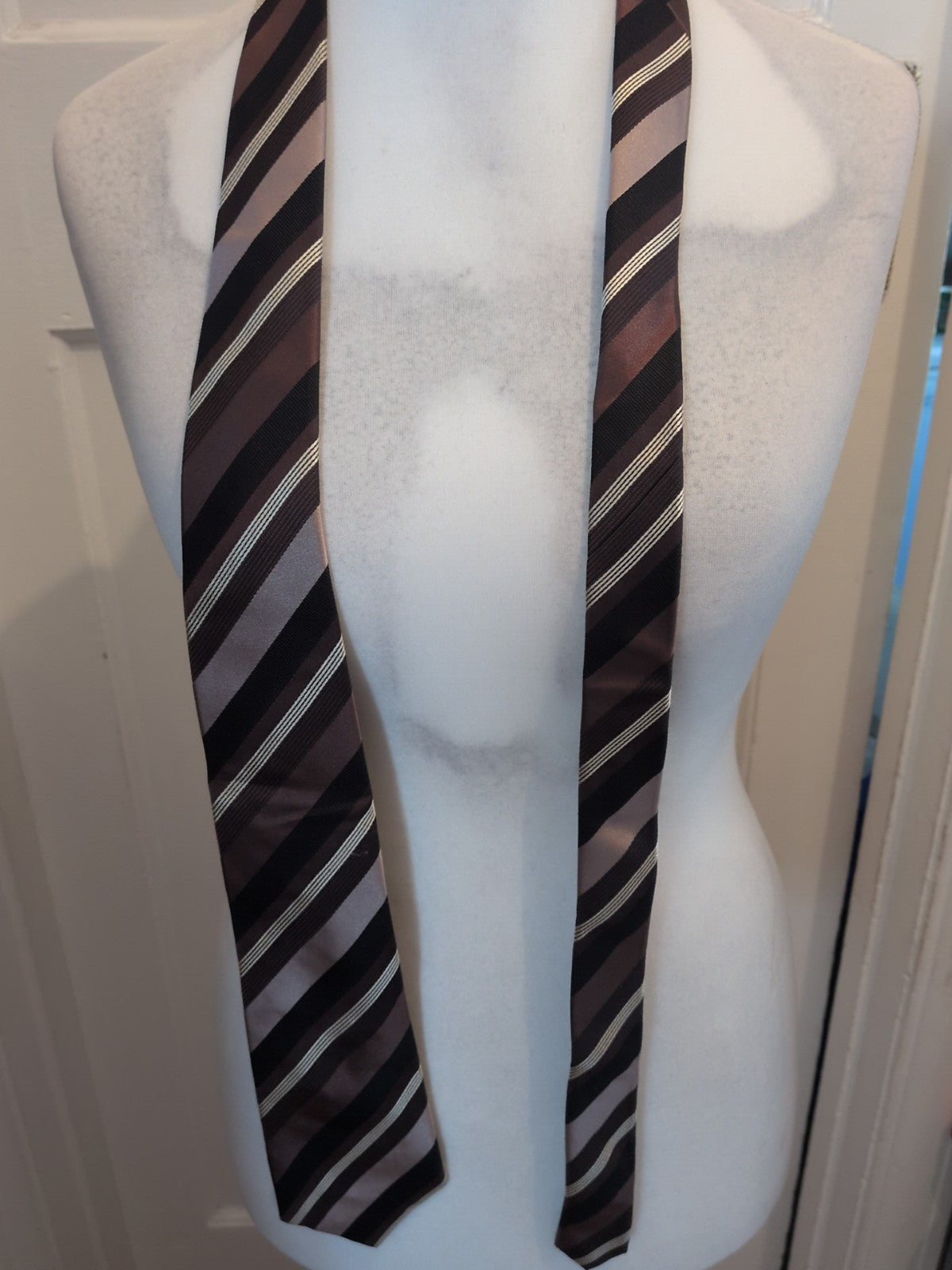Marks And Spencer Brown Black And White Striped Tie