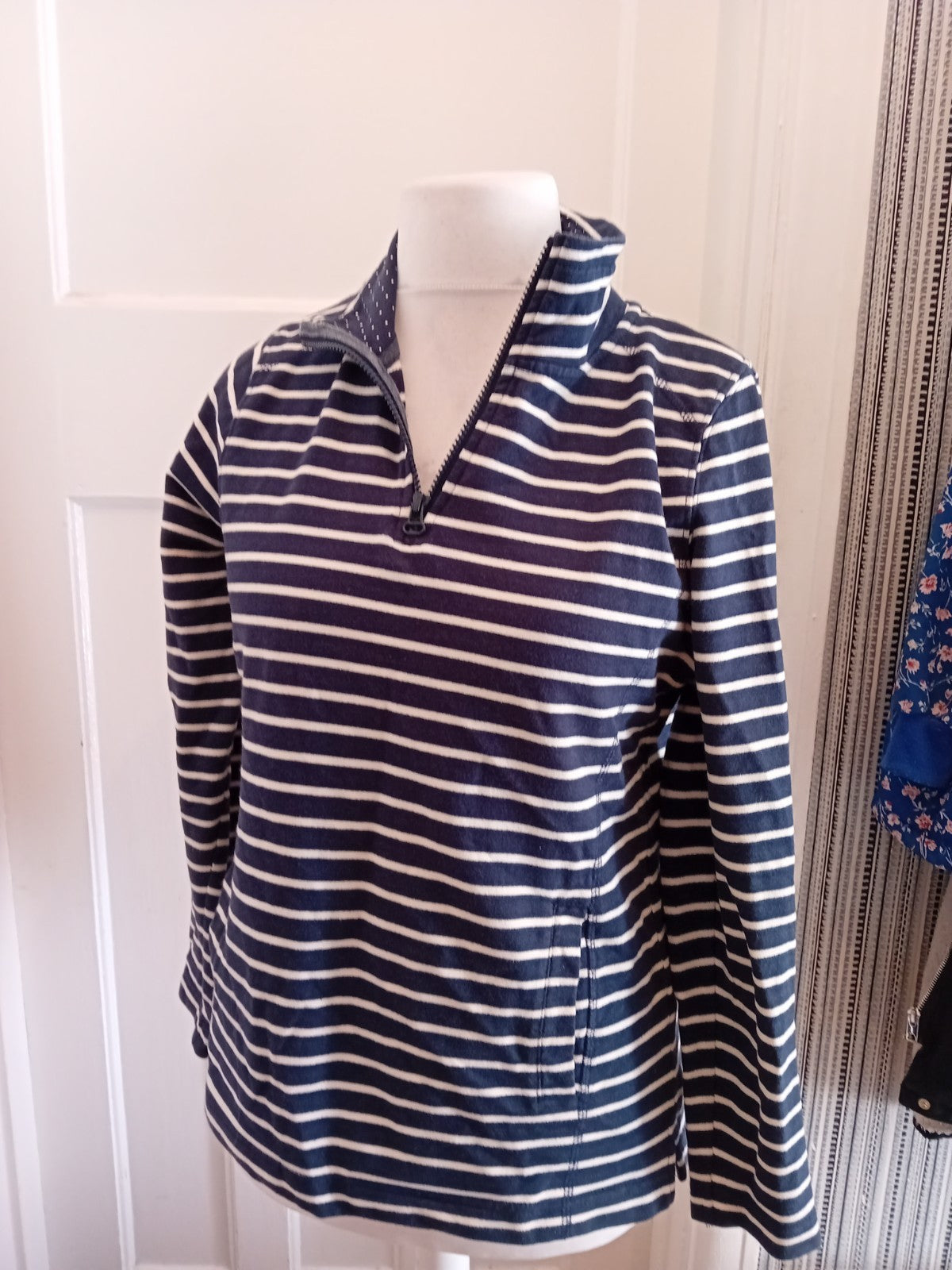 Ladies M&Co Size 12 Blue And White Striped Long Sleeve Small Zip Jumper