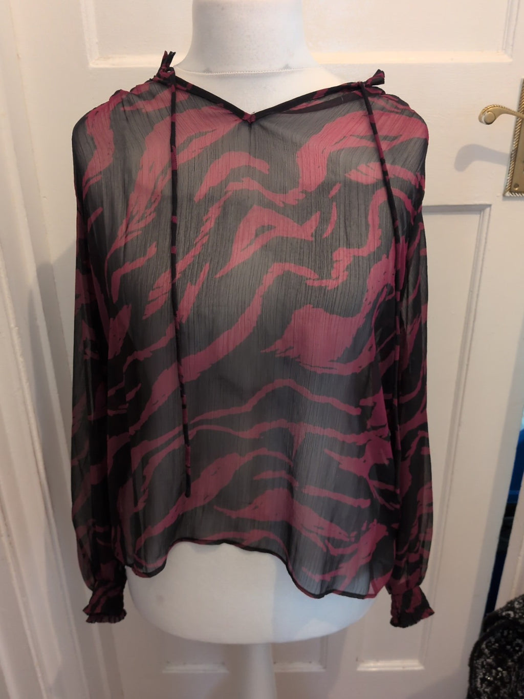 Ladies George Size 12 Black And Purple Sea Through Long Sleeve Blouse