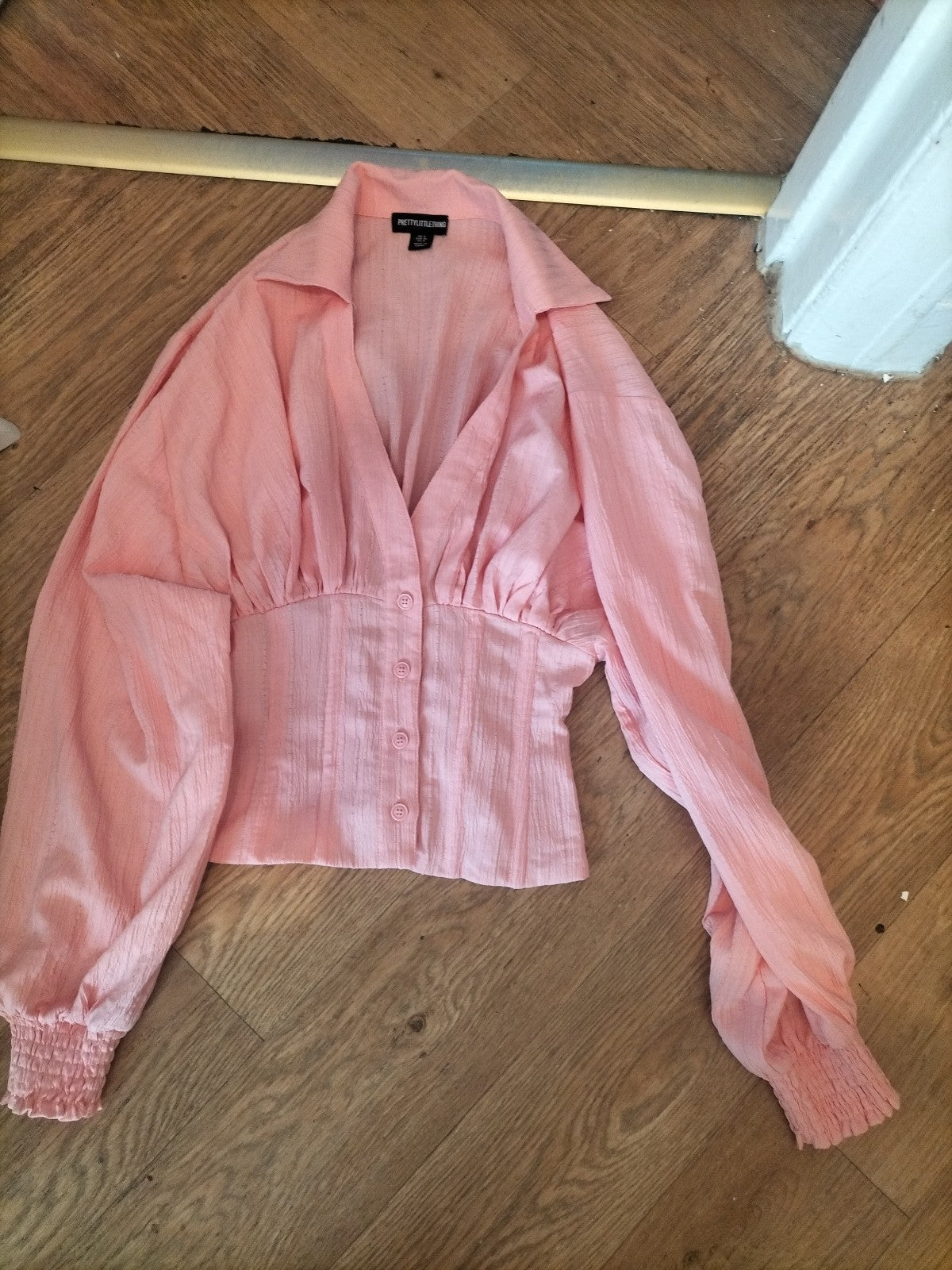 Prettylittlething 8 Pink Collared Long Sleeved Boned Waist Blouse