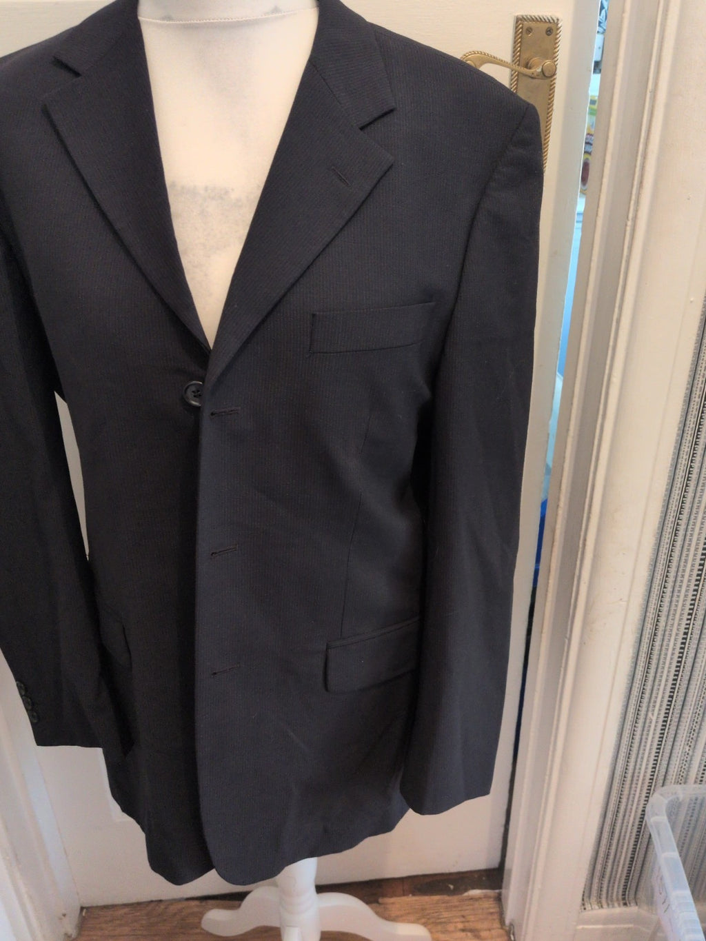 Karl Jackson 40R Wool With Lycra Pinstripe Black Suit Jacket