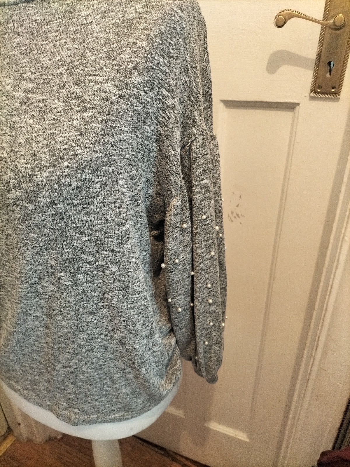 Ladies Tu Woman Size 10 Grey Fleck Pearl Detail Arms Jumper