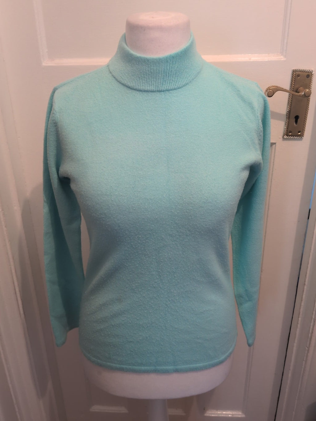 Ladies Bm Size Small Aqua Blue Long Sleeved High Neck Jumper