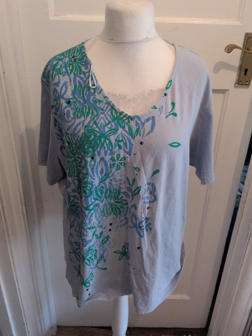 Ladies Damart 26/28 Lilac Blue And Green Short Sleeve Blouse