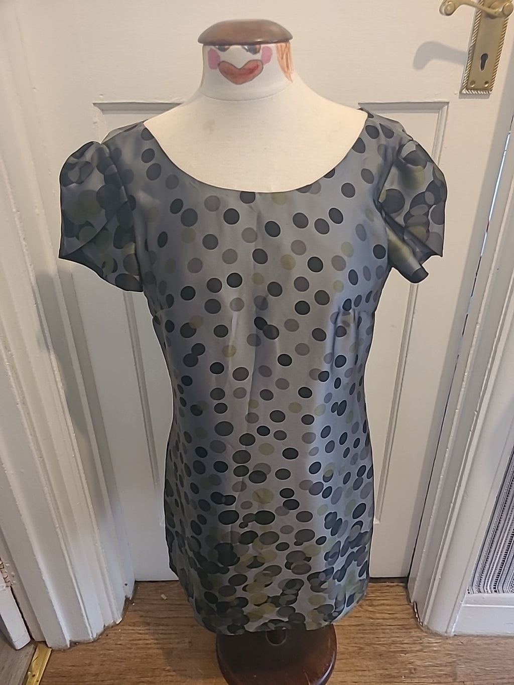 Ladies Marks And Spencer Size 10 Grey Black Green Spotted Short Sleeved Dress