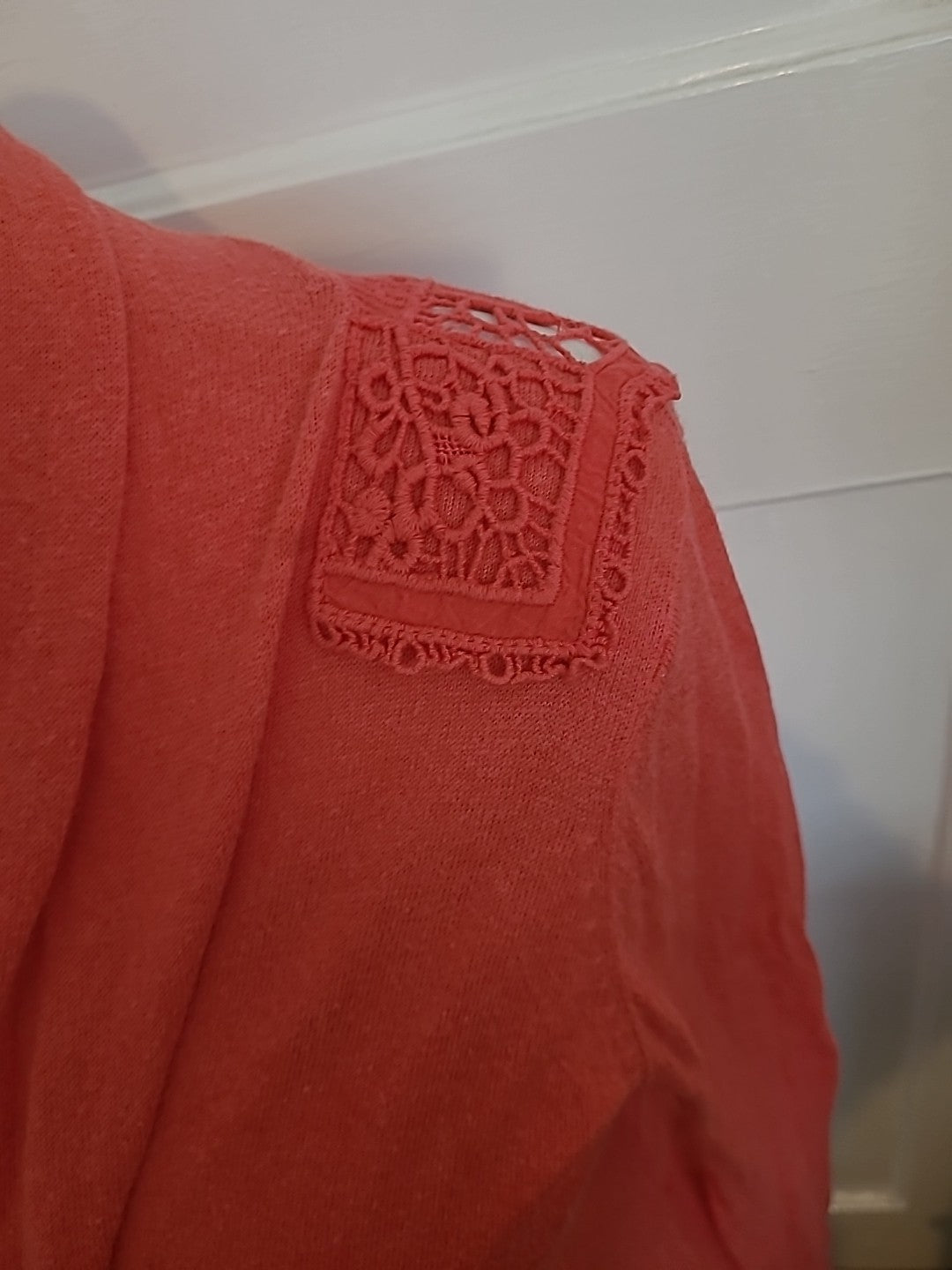 Topshop 12 Coral With Lace Long Sleeved Open Blouse