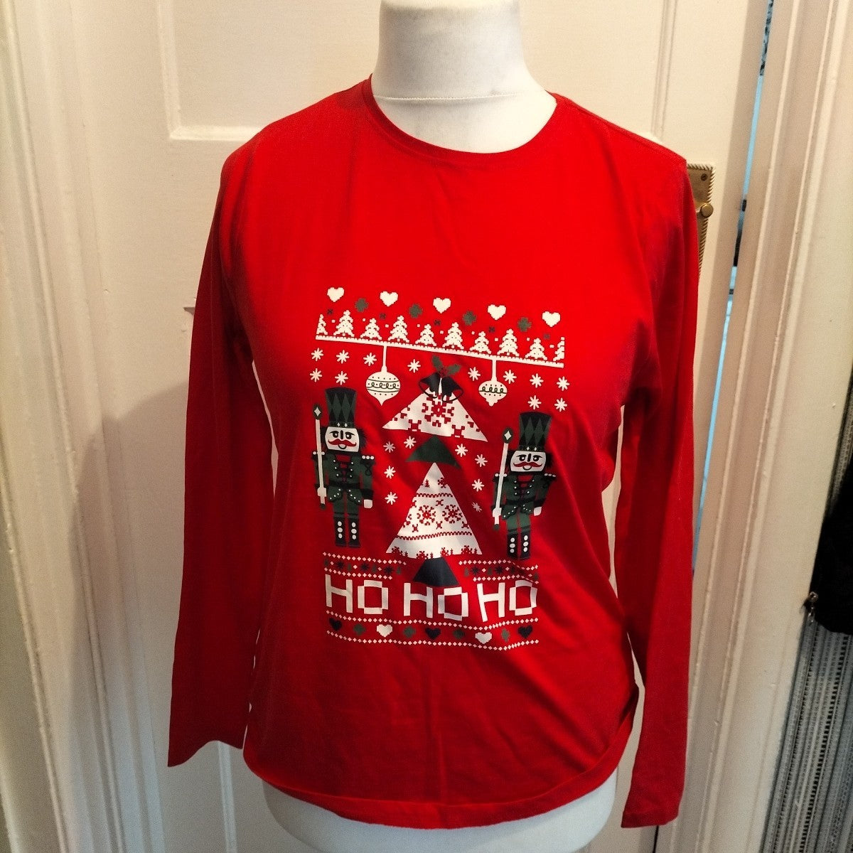 Ladies Esmara Size 12-14 Red Long Sleeved Ho Ho Ho Pyjama Top