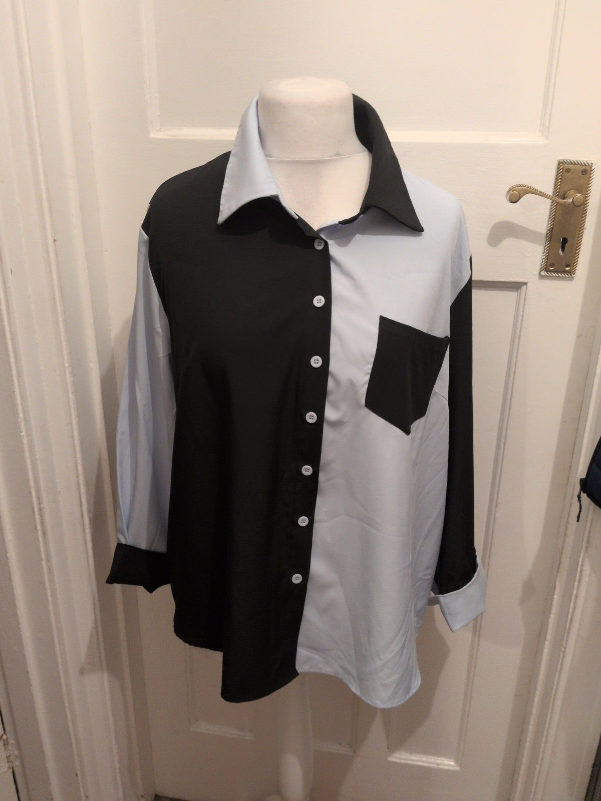 Shein XL Black And White Long Sleeve Button Collared Blouse