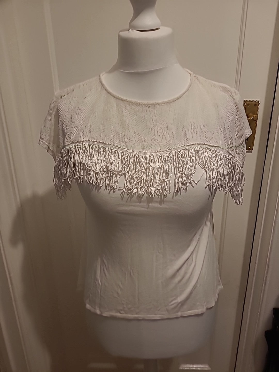 Ladies Primark Size 10 White Tassled Short Sleeved Tshirt