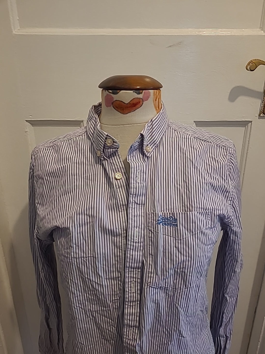 Mens Superdry Size Medium Pale Purple/ White Striped Long Sleeved Shirt