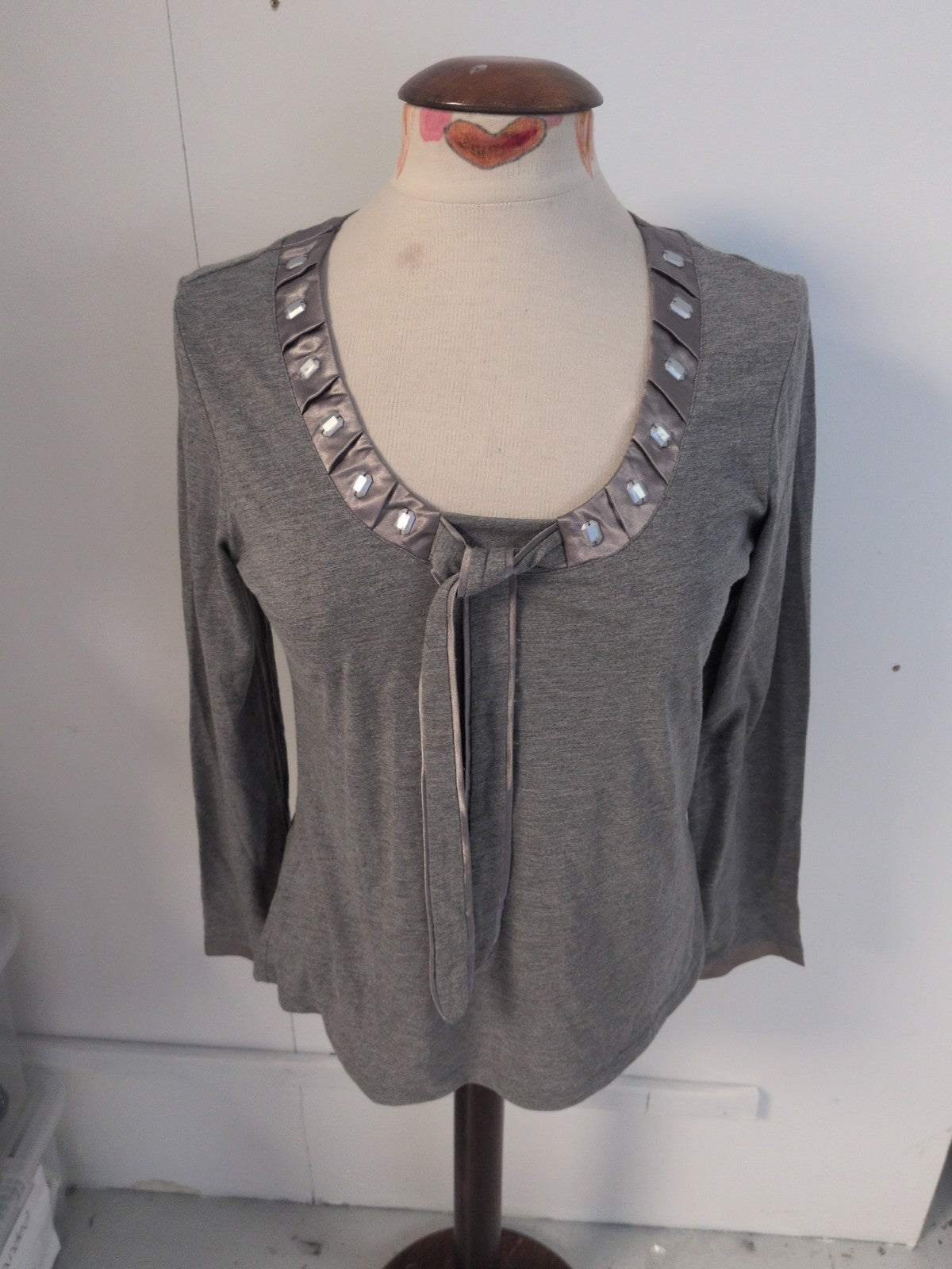Per Una 12 Grey Long Sleeve Pattern Neck Blouse