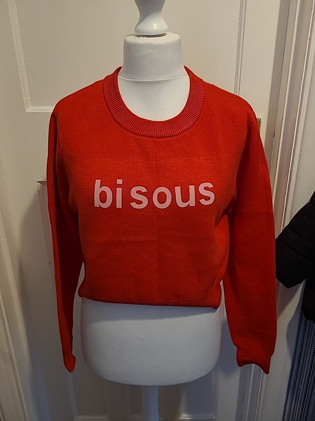Ladies Primark Size Large Red Ribbed "Bisous" Jumper