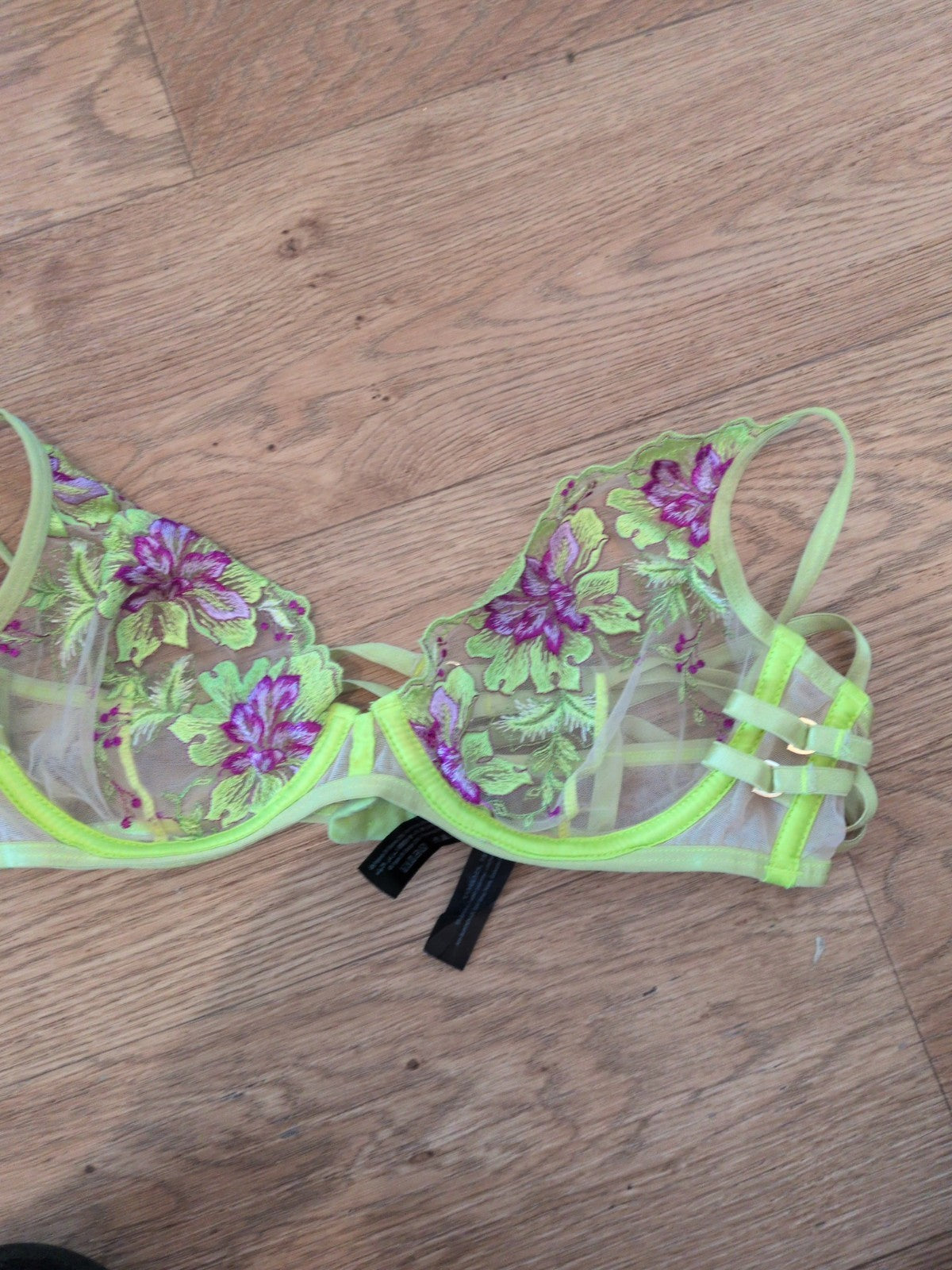 Ann Summers 32b Neon Yellow No Padded Floral See Through Wired Bra