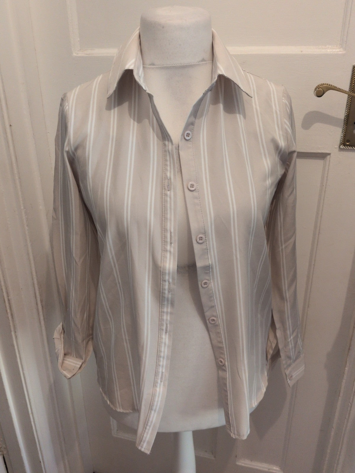 Shein Small Pale Beige And White Long Sleeve Buttoned Shirt