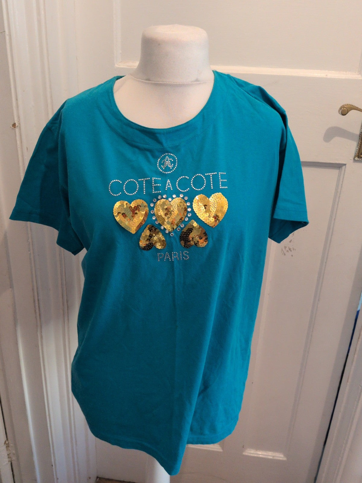 XL Blue Paris With Gold Sequin Hearts Short Sleeve T-shirt