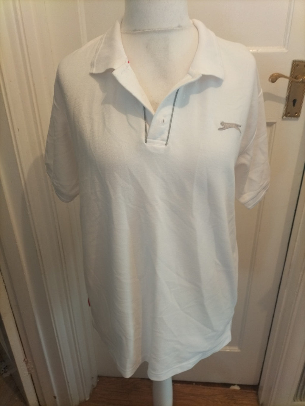 Mens Slazenger Size L White With Grey Logo Short Sleeved Polo