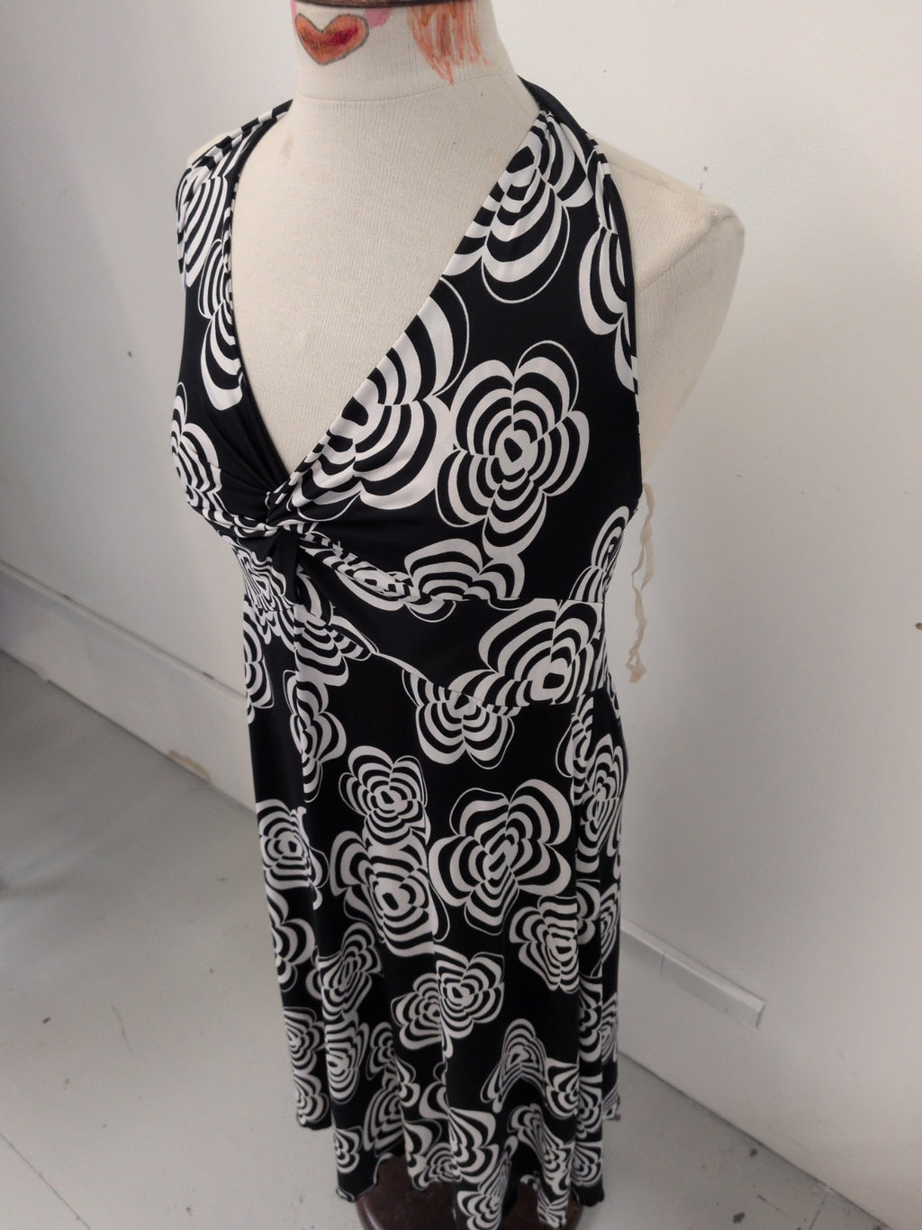 M/L Black And White Floral Halter neck Dress