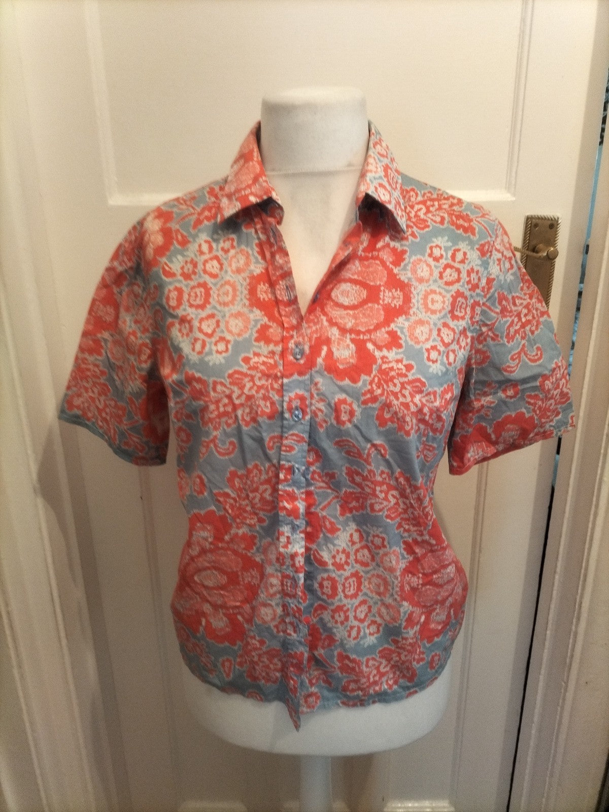 Ladies Hawes & Curtis Size 14 Grey And Red Short Sleeved Blouse Shirt