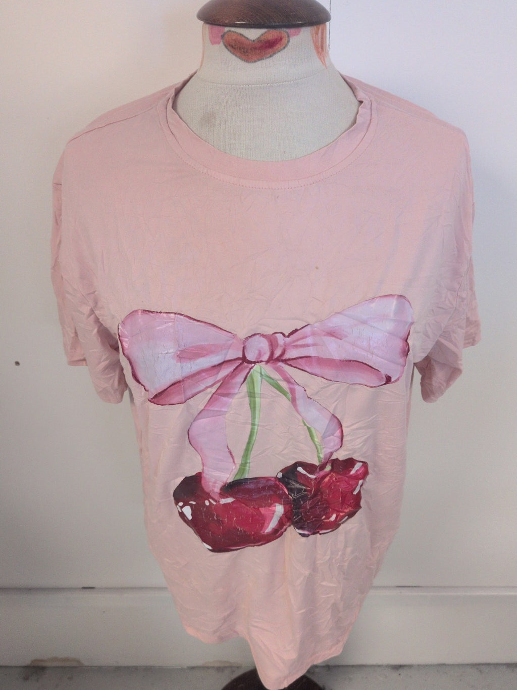 Girls Shein Age 14 Years Pink Cherry Bow Short Sleeve T-shirt Cracking
