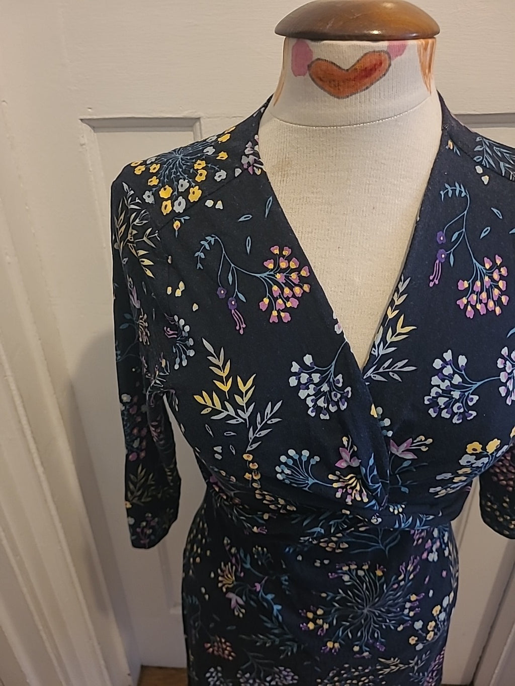 Ladies Per Una Size 10 Navy With Multi Floral Layered Chest Detailed Dress