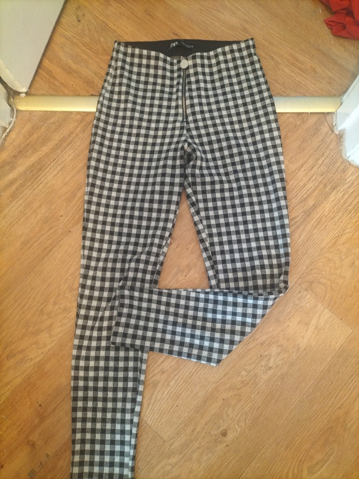 Zara Medium Check Front Zip Pull Up Trousers