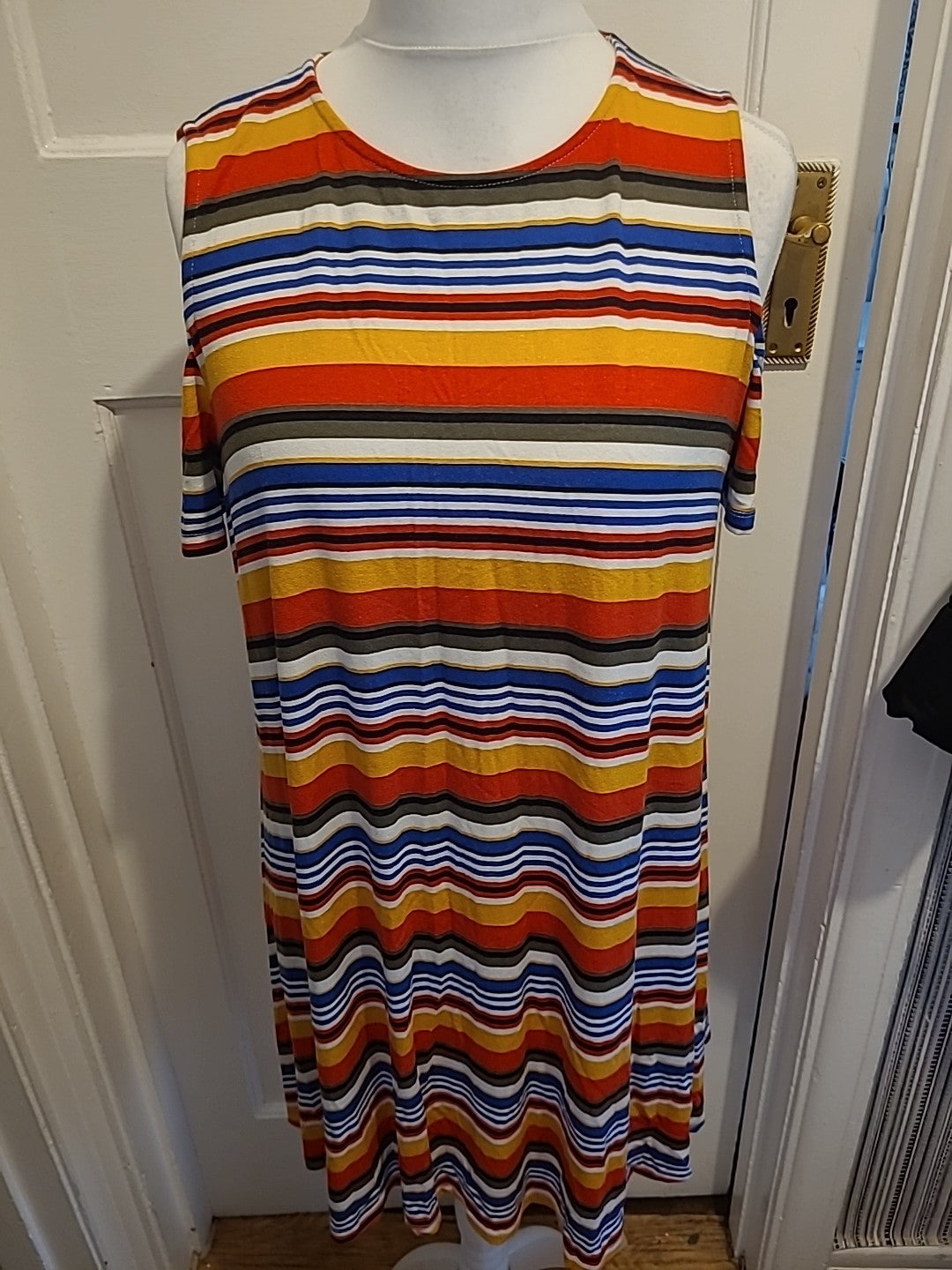 Ladies Papaya Size M Multi Striped Open Shoulder Flare Dress