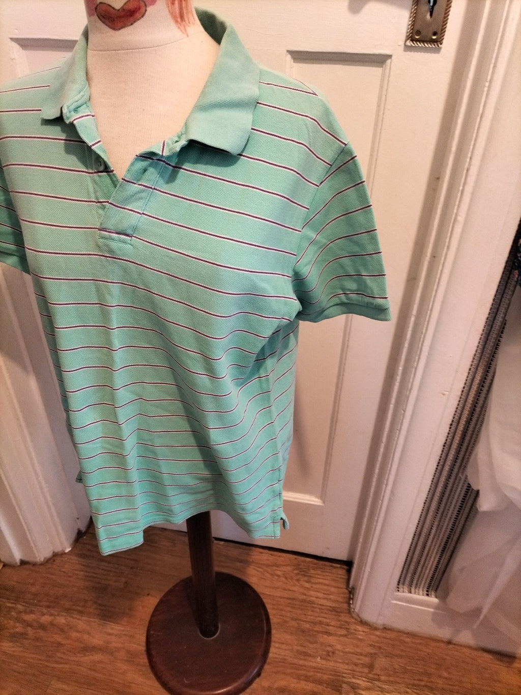 Mens Easy Size Medium Sea Green/Navy Striped Polo