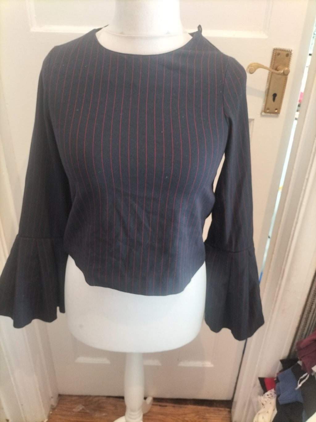 Zara Trafaluc XS Navy And Red Flute Sleeve Blouse