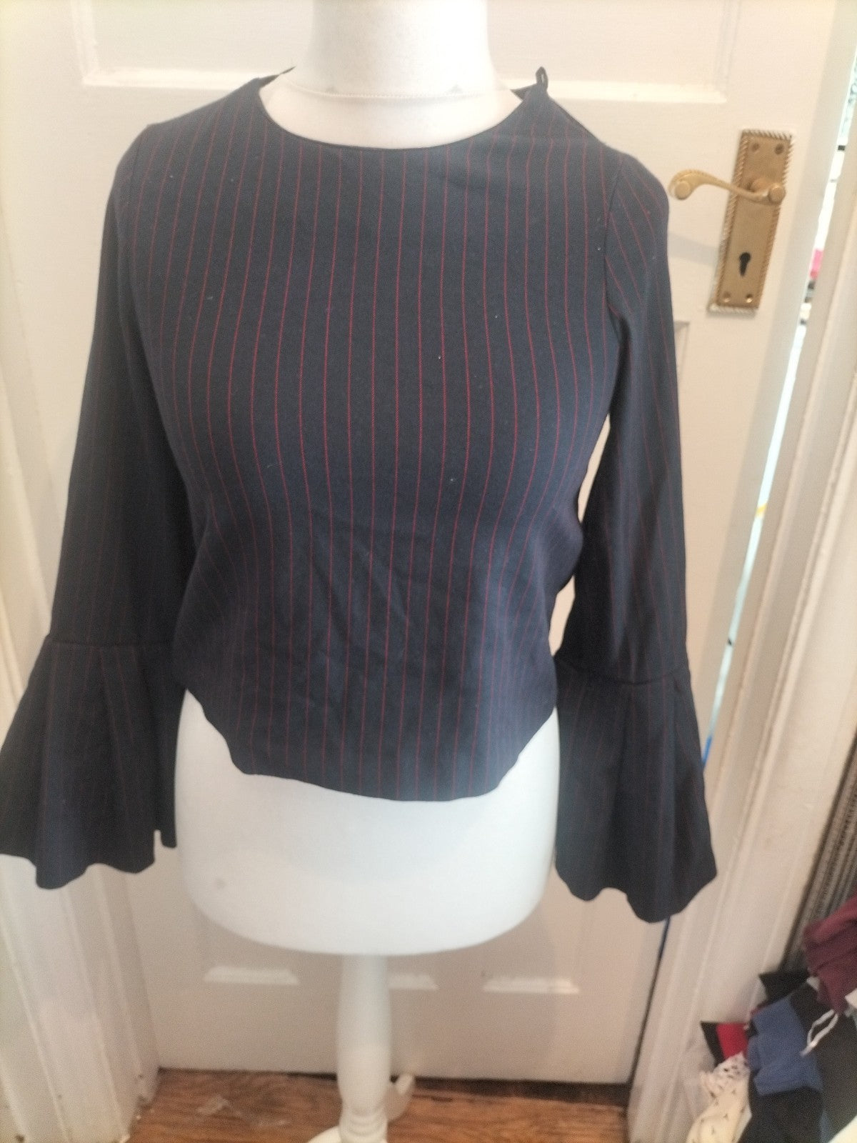 Zara Trafaluc XS Navy And Red Flute Sleeve Blouse