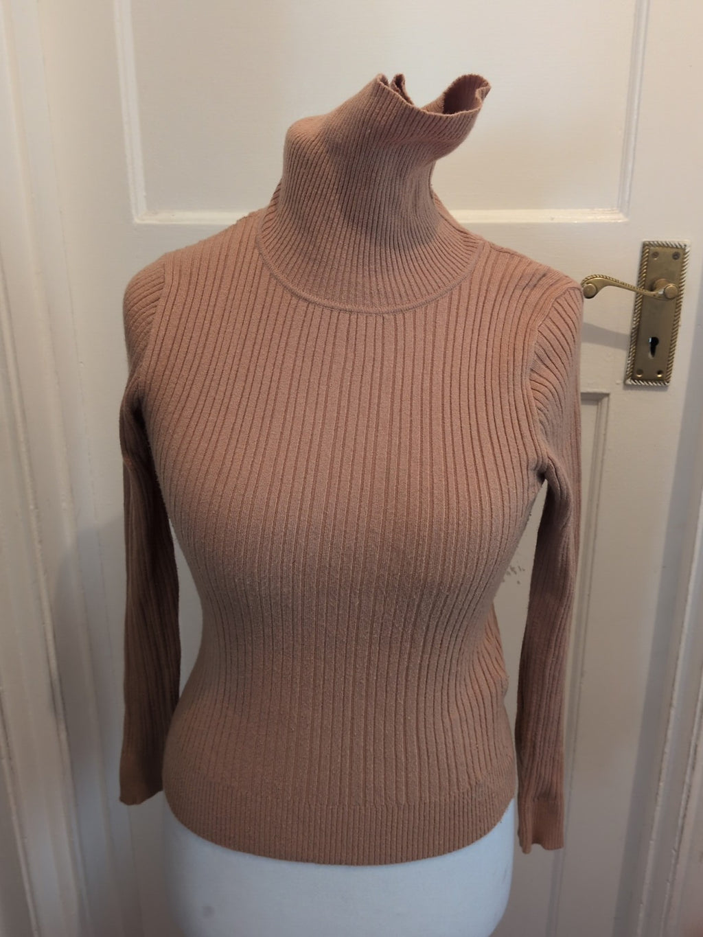 Ladies Size Medium Camel Ribbed Roll Neck Top