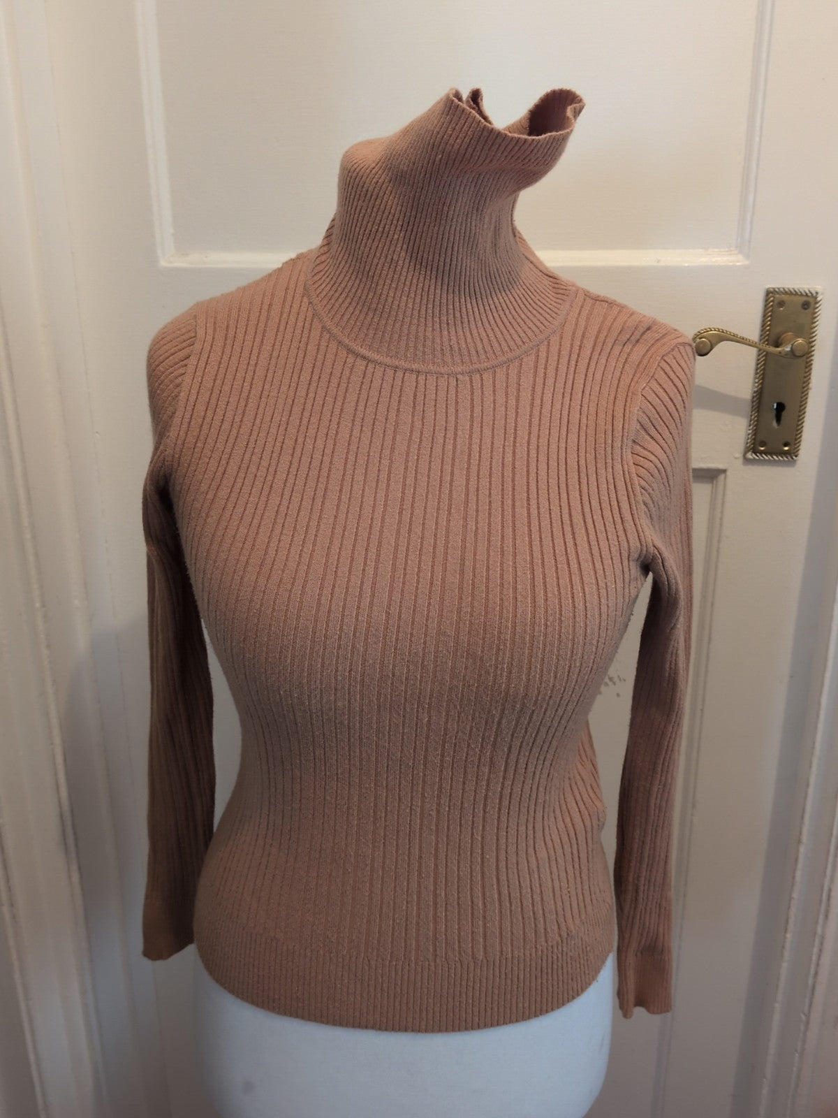 Ladies Size Medium Camel Ribbed Roll Neck Top
