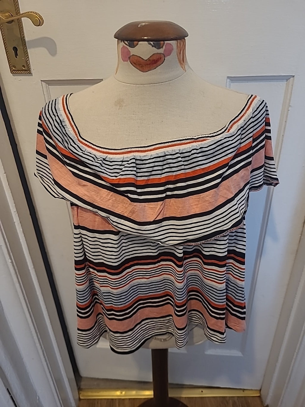 Ladies New Look Size 12 Multi Striped Short Sleeved Elasticated Hem Top