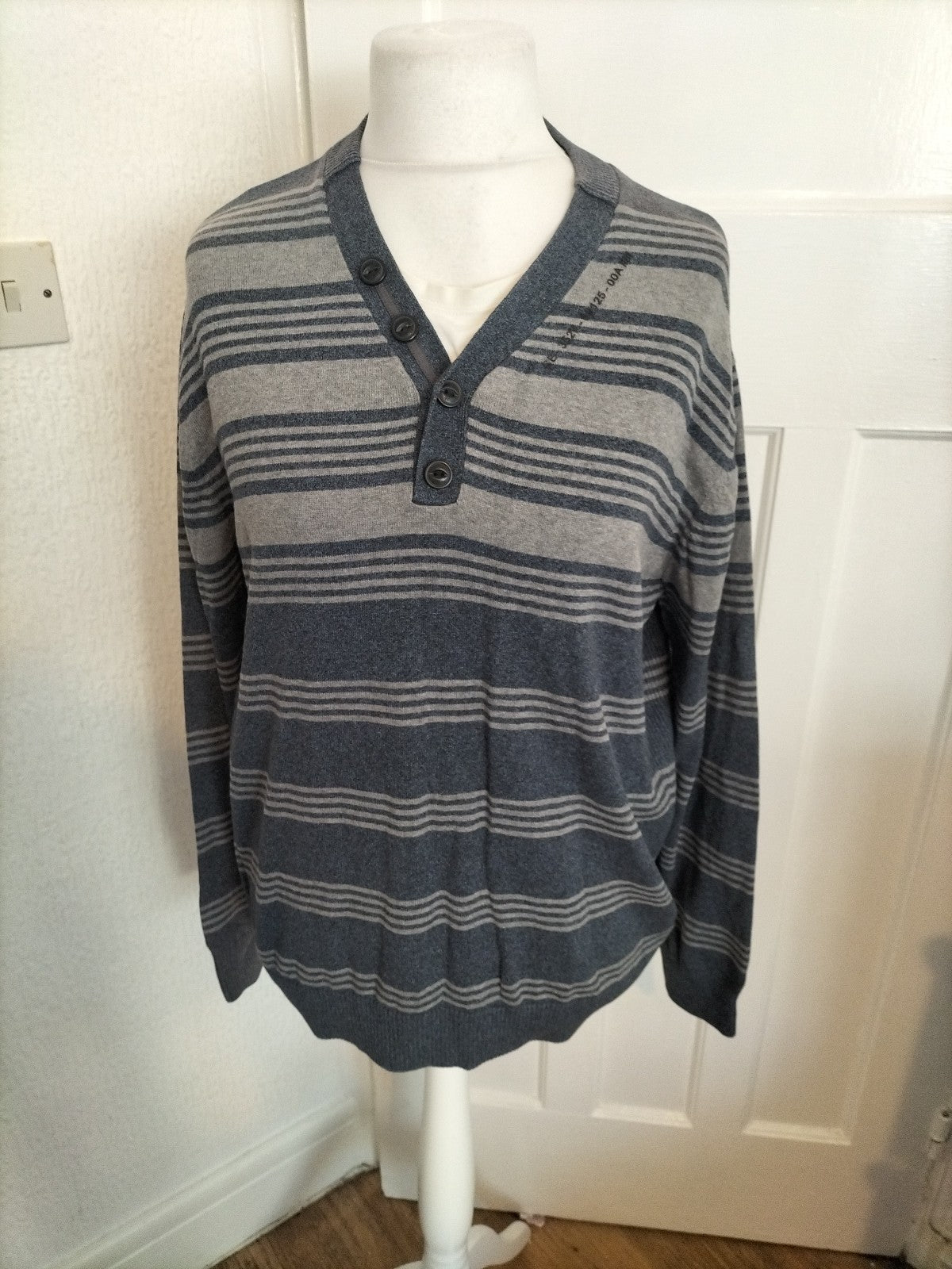 Mens Next Size XL Navy And Grey Striped Pullover Jumper