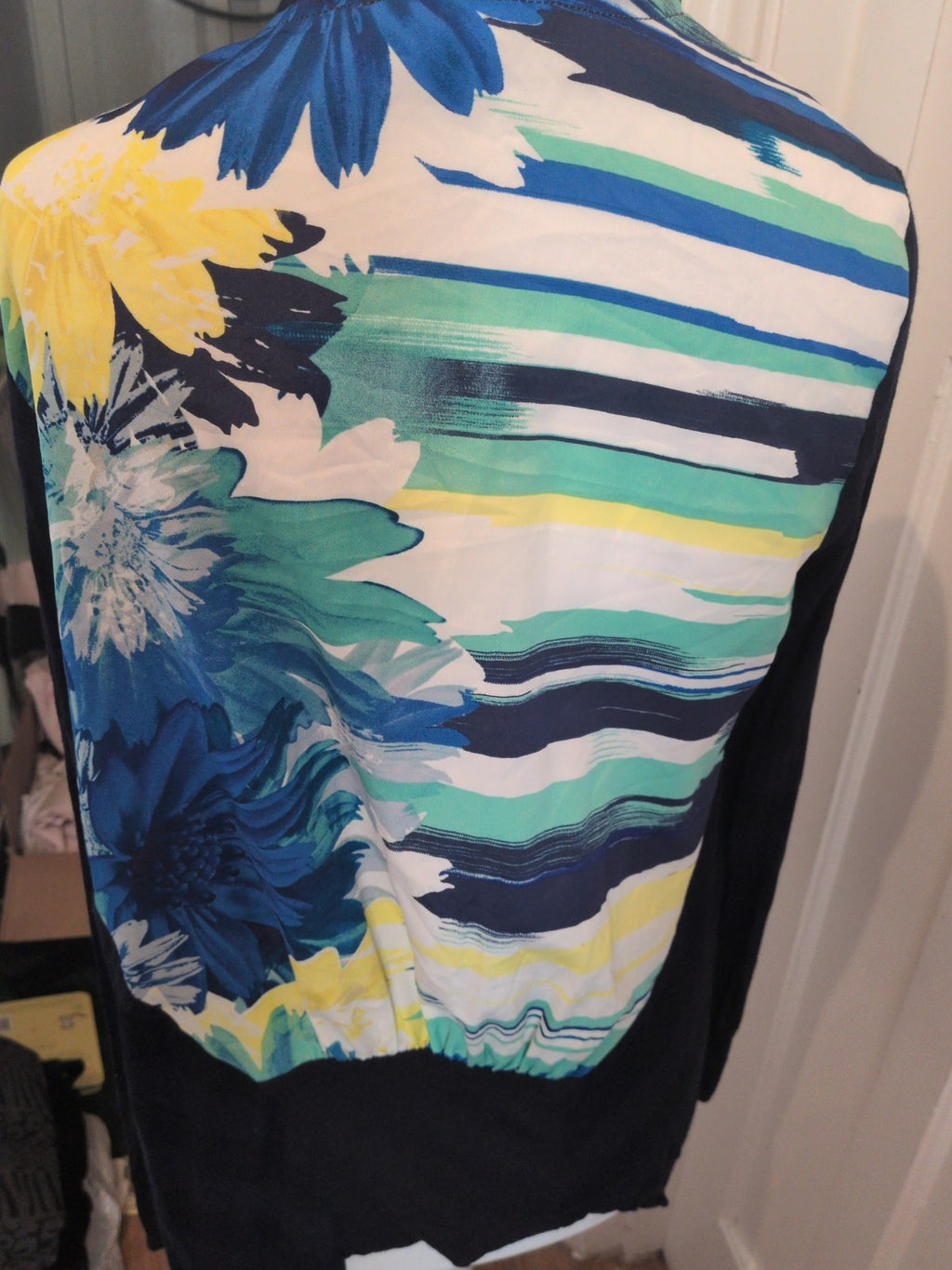 Per Una 14 Navy With Multicoloured Back Long Sleeve Blouse Open