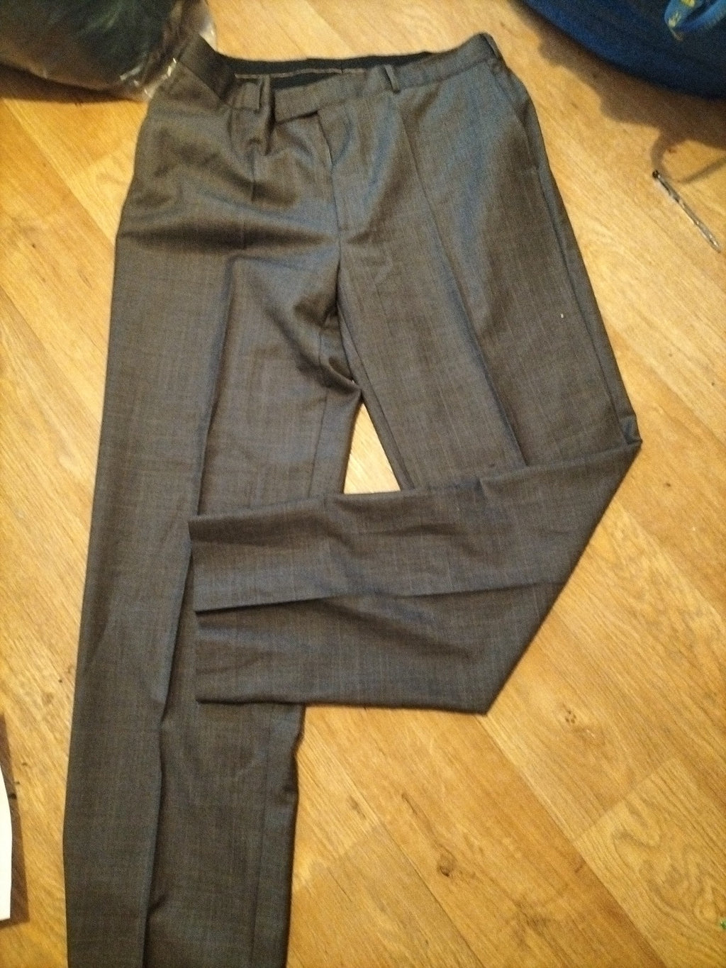 Mens Fellini Size 38L Brown Pinstripe Trousers