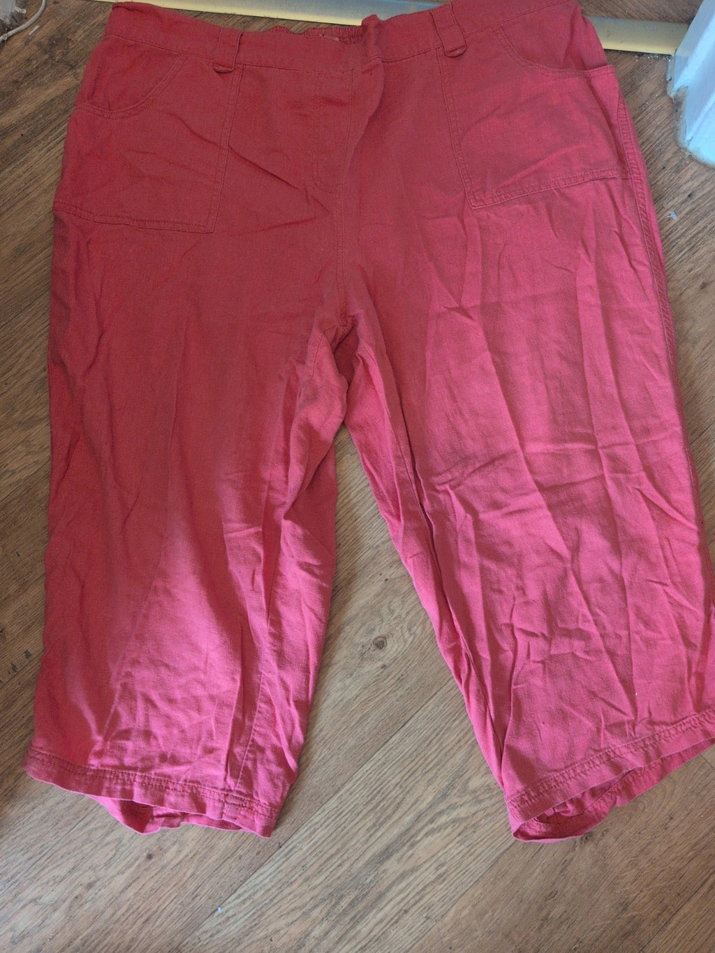 Ladies Evans Size 24 Pink Linen Blend Crop Trousers Elasticated