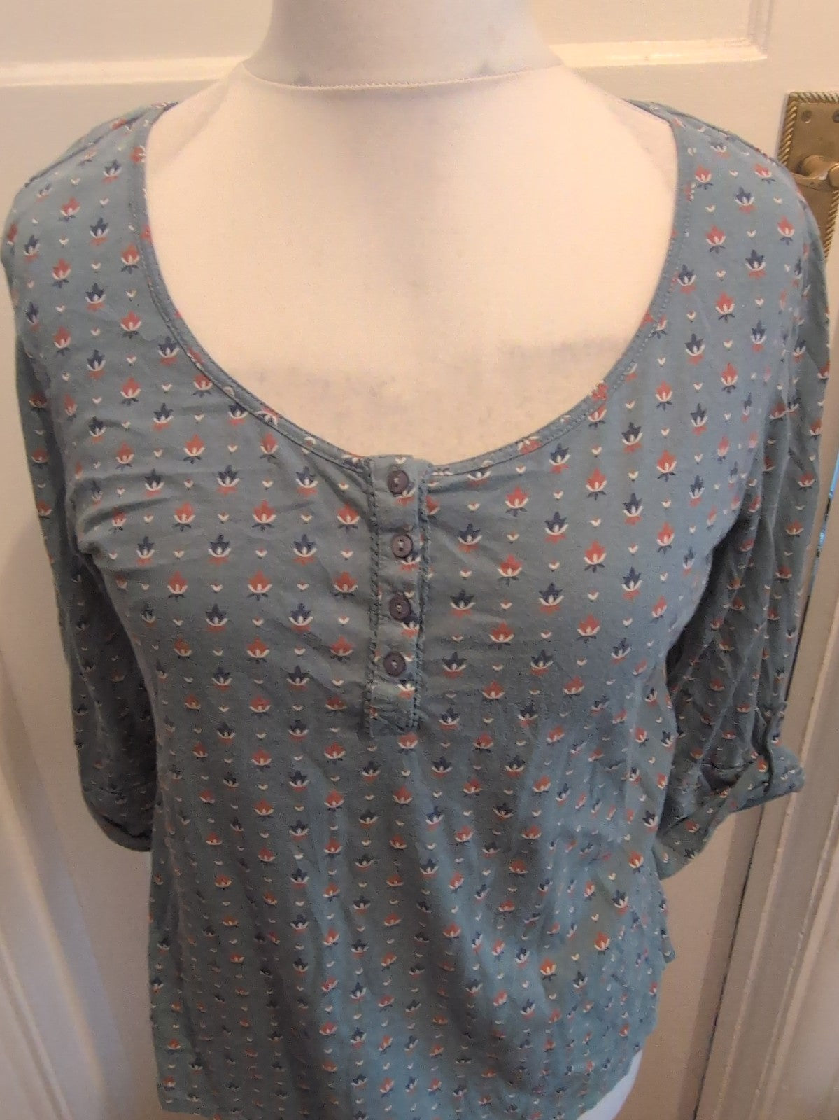 Tu 14 Dark Aqua Orange Patterned Short Sleeve Blouse