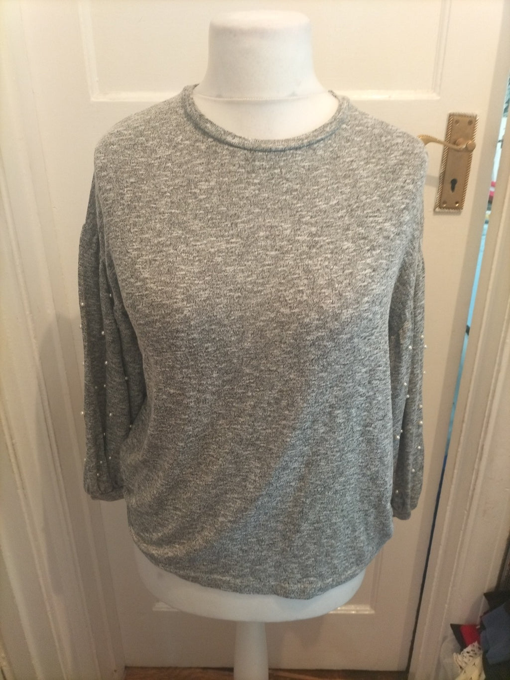 Ladies Tu Woman Size 10 Grey Fleck Pearl Detail Arms Jumper