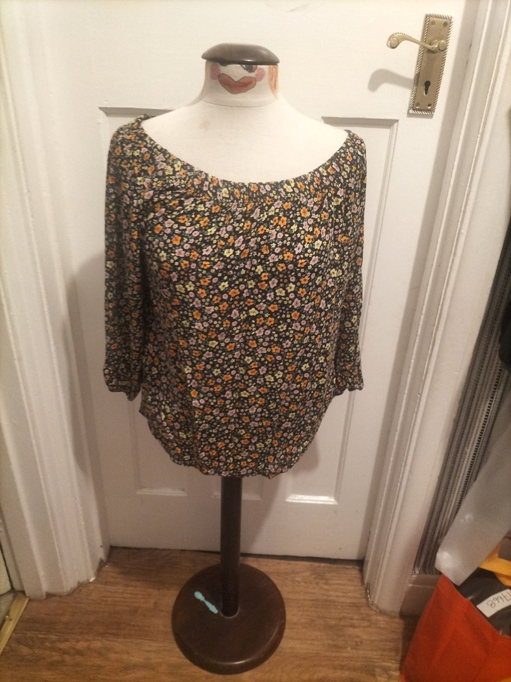 Ladies Select Size 12 Black With Multi Floral Elasticated Hem Blouse