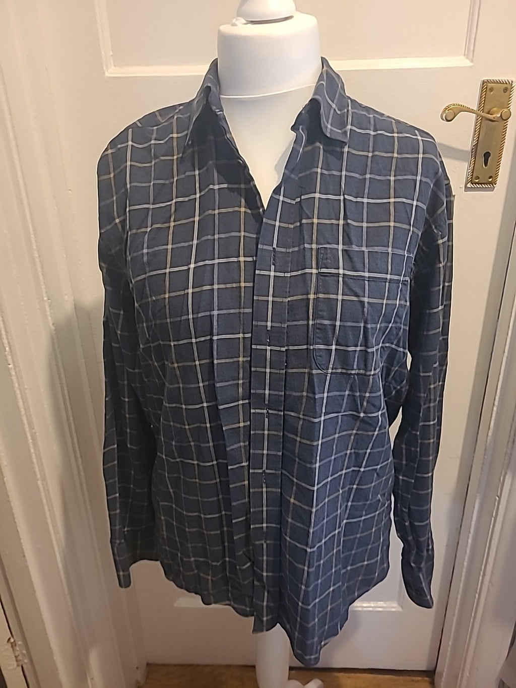 Mens Marks And Spencer Size 15.5" Cotton Twill Navy Check Long Sleeved Shirt