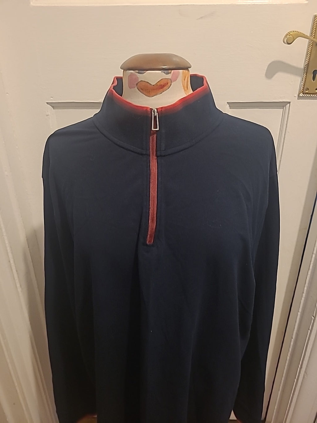 Mens M&S Size 2XL Navy With Red Trim Long Sleeved Polo