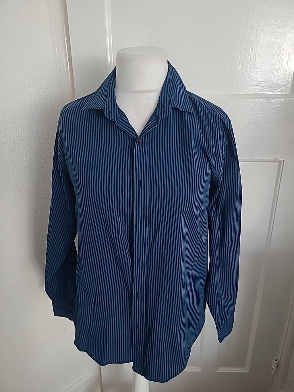 Mens George Size Large Blue And Black Striped Shirt Long Sleeved